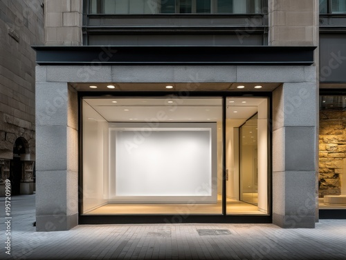 Modern Storefront with Blank Display Window Offering Commercial Space in Urban Setting for Retail Business