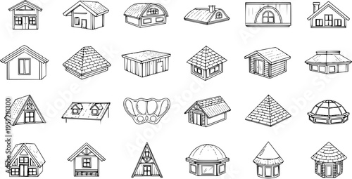 Diverse Hand-Drawn House and Building Types Collection. Vector Line Art Illustrations of Various Architectural Styles, Roof Shapes, and Structures.