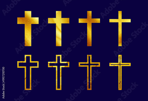 Metallic gold foil texture Christian cross set – bold golden line religious cross symbols vector collection.