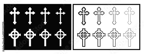 Celtic and classic decorative Christian cross icon set – black and white outline vector illustration collection.