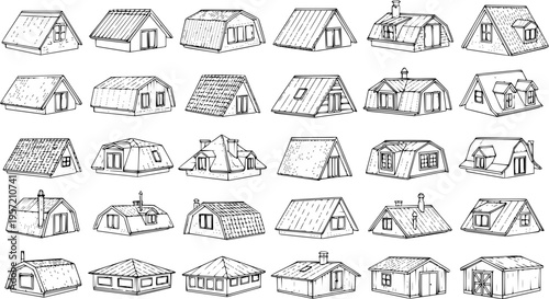 3D Sketch Collection: Variety of House Roofs Vector Illustrations