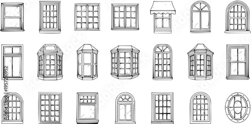 Detailed collection of hand-drawn window types and styles, showcasing various architectural designs from classic arched to modern bay windows, in a vintage sketch art illustration.