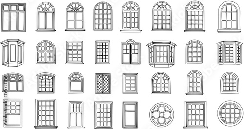 Hand-drawn architectural window frames set: A diverse collection of classic and modern designs for building and home exterior illustrations.