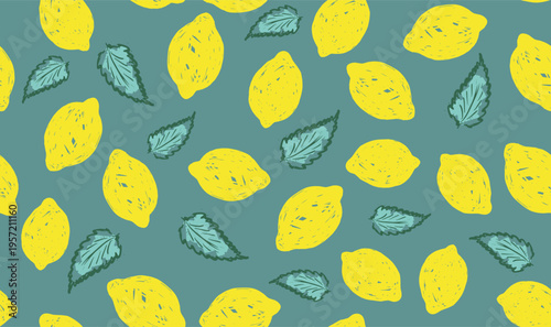 Lemons with mint leaves seamless pattern.	
