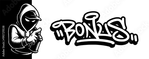 Extra Bonus Graffiti Artist Mascot with Stylized Street Art Tagging for Loyalty Rewards and Sales.