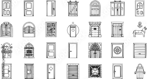 Hand-drawn sketch icons set of various doors and entrances, black and white line art illustrations of different architectural styles