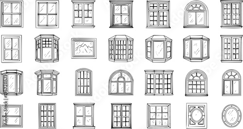 Hand-drawn collection of various window types and architectural styles in black and white. Detailed sketches of classic and modern window designs for building and decor.