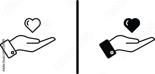 A simple illustration of two hands holding hearts in black and white