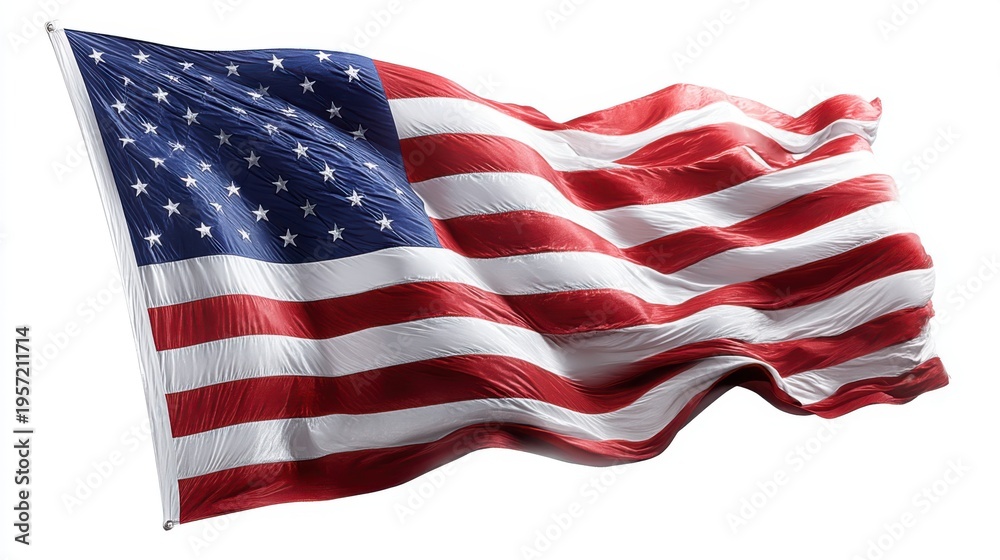 Obraz premium United States flag waving in the wind, symbol of patriotism, independence day celebration on white background