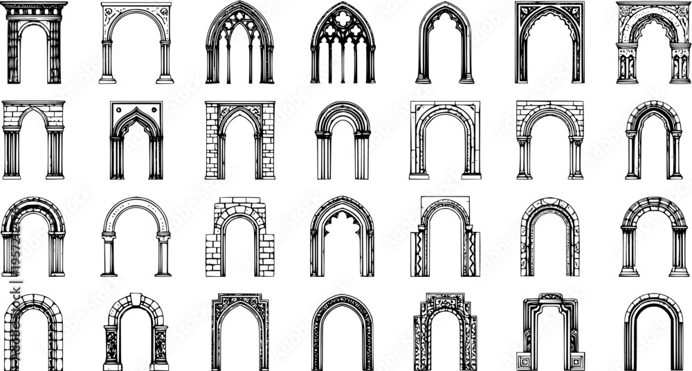 Foto Diverse Architectural Arches: Sketch-Style Vector Set