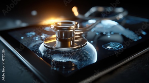 Stethoscope on Digital Tablet Displaying World Map: Medical Technology and Global Healthcare Innovation