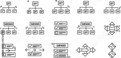 Set of Task Management, Subtasks, and Workflow Icons for Project Planning and Task Organization