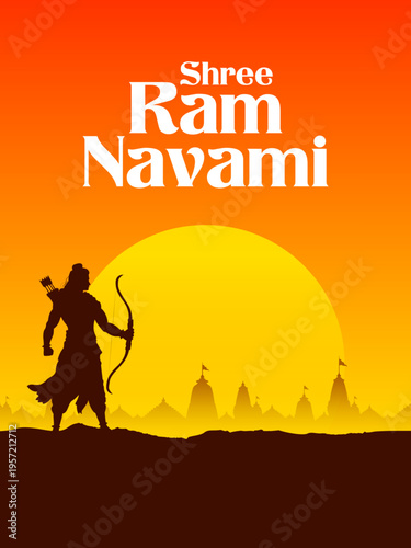Lord Rama with bow arrow with Hindi text meaning Shree Ram Navami celebration background for religious holiday of India