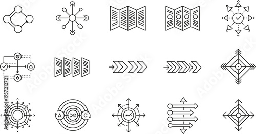 Set of Directional, Flow, and Network Icons Representing Movement, Connectivity, and Process Mapping
