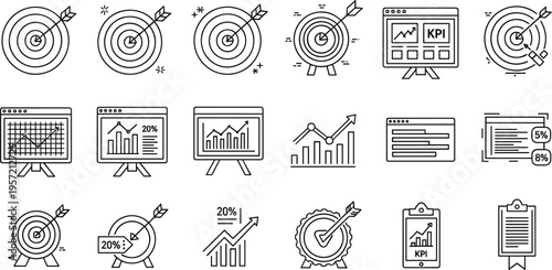 Set of Target, KPI, Data Analytics, and Performance Measurement Icons for Business and Goal Tracking