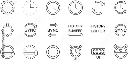 Set of Sync, Buffer, History, and Time UI Icons for Data Processing, User Interface, and System Synchronization