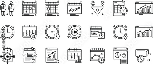 Set of Business Analytics, Schedule, Time Tracking, and Data Visualization Icons for Planning and Performance Management