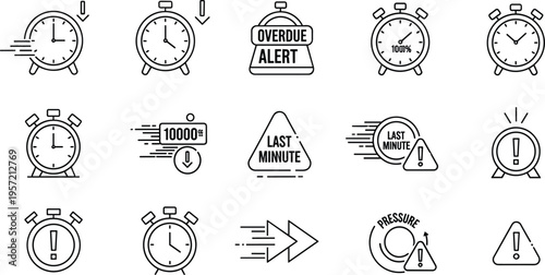 Set of Time Pressure, Deadline Alert, Last Minute, and Overdue Icons for Urgency and Task Management
