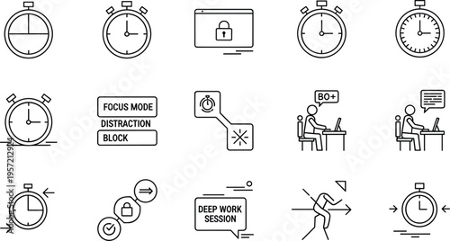 Set of Productivity, Focus Mode, Time Management, and Deep Work Icons for Enhanced Efficiency and Concentration