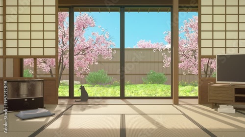 Warm Spring Japanese Room with Black Cat and Cherry Blossom Garden - Seamless 4K Loop