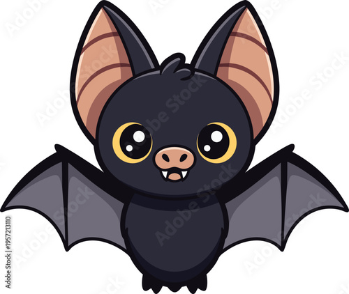 Cute black Halloween bat with big eyes, spread wings and small fangs flying, spooky bat character vector illustration isolated.