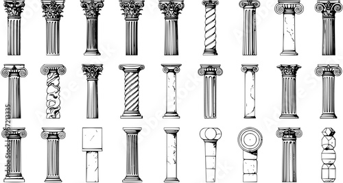 Detailed vintage black and white sketch collection of classical architectural columns and pillars, showcasing various styles, orders, and designs