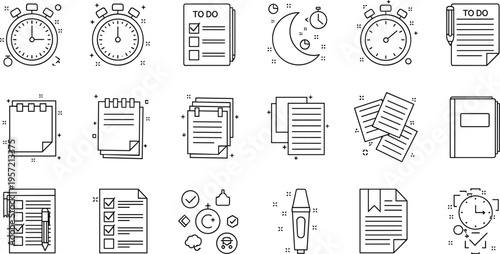 Productivity and Task Management Icon Set Vector Illustration Featuring To Do List Clock Documents Notes and Office Workflow Elements Outline Style
