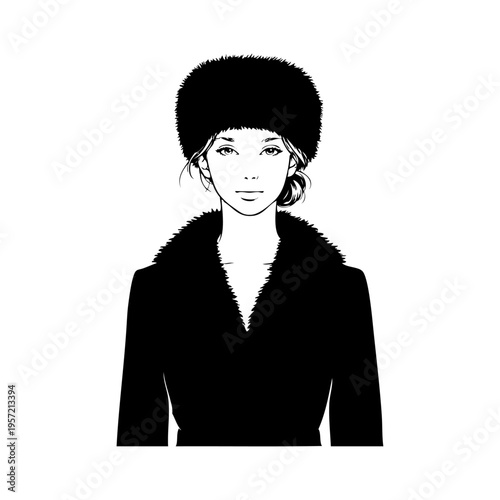 Logotipo ropa de invierno. Dibujo sencillo de una mujer de frente con un gorro y un abrigo de piel 