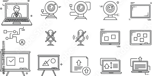 Online Meeting and Presentation Icon Set Vector Illustration Featuring Webcam Microphone Laptop Screen and Digital Communication Elements Outline Style
