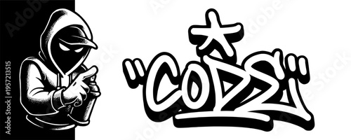 Promo Code Graffiti Artist Mascot with Urban Street Art Tagging for E-commerce Marketing.