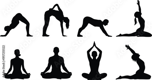 Diverse yoga poses silhouettes collection for wellness with white background