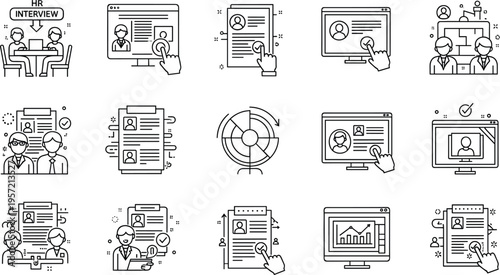HR Interview and Online Recruitment Process Icons Set Featuring Applicant, Resume, and Virtual Interview