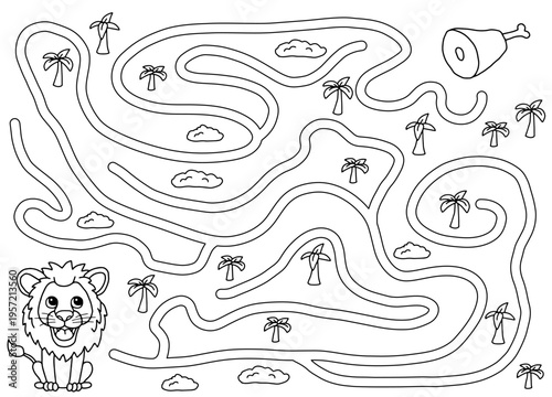 Lion maze graphic black white sketch illustration vector