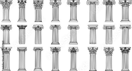 Set of 24 diverse architectural columns illustrating classical orders: Doric, Ionic, Corinthian, Tuscan, Composite. Detailed black and white vector line art illustrations.