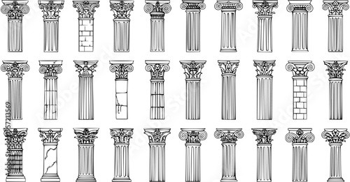 Detailed Sketch Collection of Ancient Architectural Columns and Pillars - Classic Greek and Roman Orders, Hand-Drawn Line Art Set for Design Elements