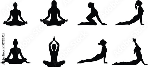 Group of yoga poses silhouettes: health and balance with white background