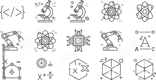 Science and Technology Icon Set Vector Illustration Featuring Microscope Atom Robot Coding Math and Engineering Elements Outline Style