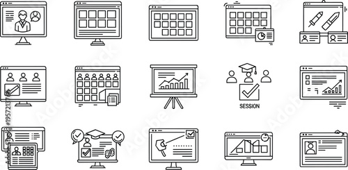 Set of Online Course, Learning Session, Progress, and Dashboard Icons for E-Learning Platforms and Educational Tools