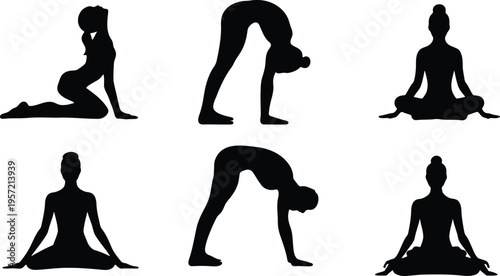 Yoga and meditation silhouettes on white background