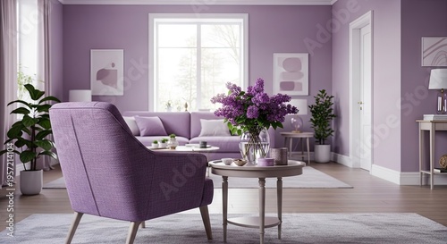 A modern living room with a purple armchair and matching sofa
