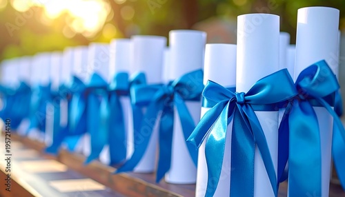 Graduation Diplomas Tied with Blue Ribbons in a Row.
