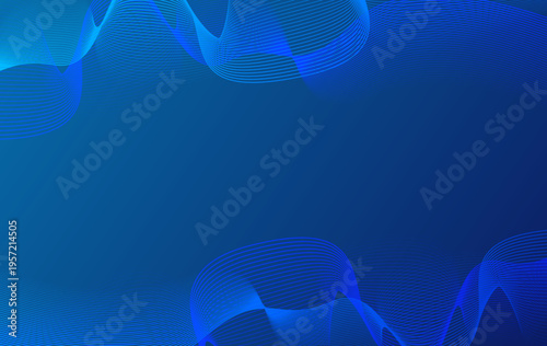 深い青のグラデーションに輝くサイバーなデジタルウェーブ背景。ネットワーク、テクノロジー、データの流れを表現した流線形の抽象ベクターデザイン