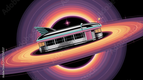 1950s diner floating in a black hole - Suitable for cinematic concept art, atomic age branding, or sci-fi promotions.