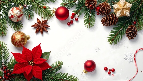 Festive Christmas Border with Ornaments and Pine Cones.