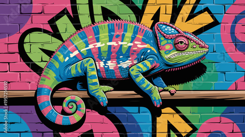 Neon chameleon blending with street art - Great for camouflage concepts, urban wildlife stories, or trendy digital art.