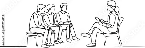 Continuous line illustration, group therapy session, therapist with tablet, counseling and mental health support, therapy session concept.