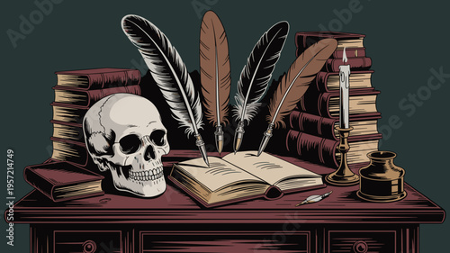 Antique scholar desk with skull and books - Perfect for library signage, intellectual history articles, or moody posters.