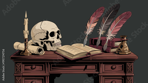 Dark academia desk with skull and quills - Ideal for mystery book covers, scholarly blogs, or gothic home decor.