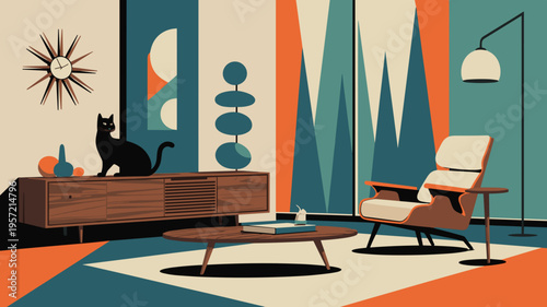 Mid-century modern interior with black cat - Ideal for retro home decor blogs, pet lifestyle brands, or 1950s design.