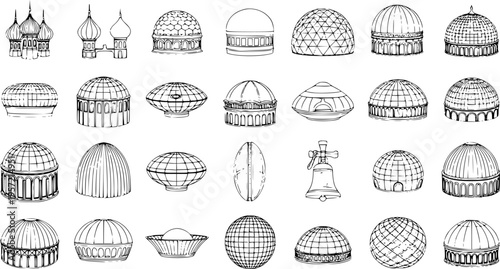 Architectural Domes  Structures Line Art Set: Ornate Russian Onion Domes, Futuristic Geodesic Domes  Classic Bell Illustrations